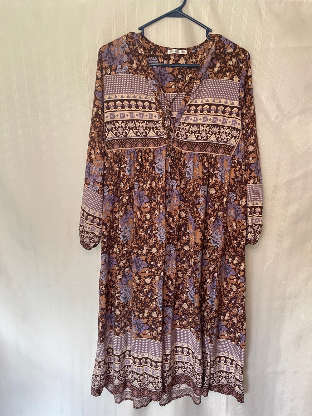 R, Vivimes Women's Size Large Boho Floral Midi Dress in Brown and Lavender